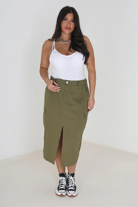 KHAKI PLUS SIZE CARGO STYLE DENIM MIDI SKIRT asymmetrical skirt cut