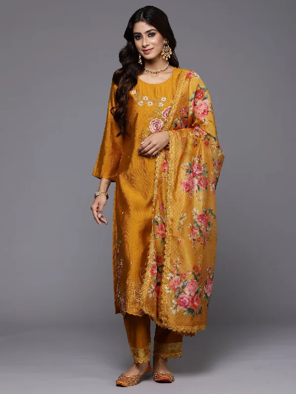Women's Mustard Embroidered Straight Kurta Trousers With Dupatta Set - Indo Era Trousers Capri Summer Women's Mustard Embroidered Straight Kurta Trousers With Dupatta Set - Indo Era Trousers Capri Summer