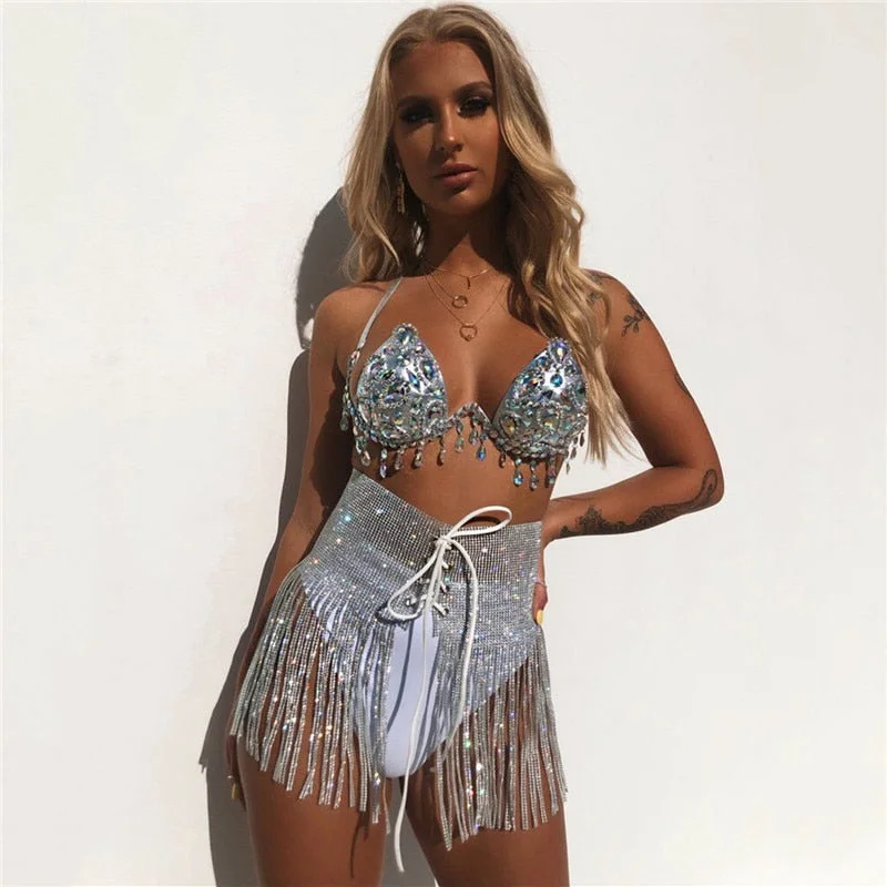 Sparkly Sequin Bikini with Fringe Tassel Skirt linen skirt breathable