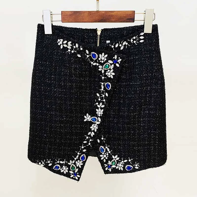 Hight Waisted Black Woolen Cloth Skirt With Beaded Mini Skirt for Ladies silk skirt smooth