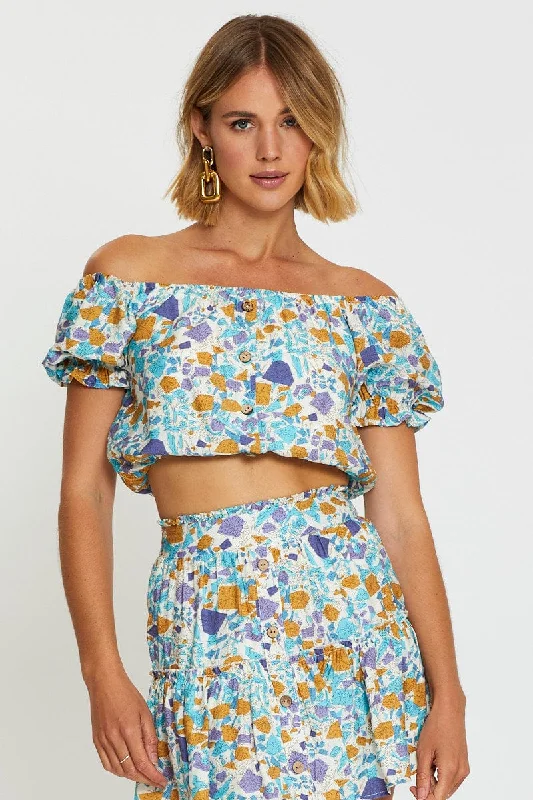 Print Crop Top Off Shoulder Rayon Velvet Corduroy
