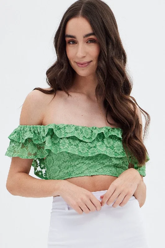Green Sleeveless Lace Crop Top Zippered Front Buttoned Front Snap Front