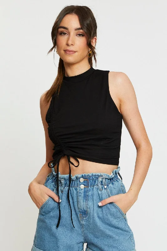Black Crop Top Side Drawstring Polka Dot Checkered Tartan