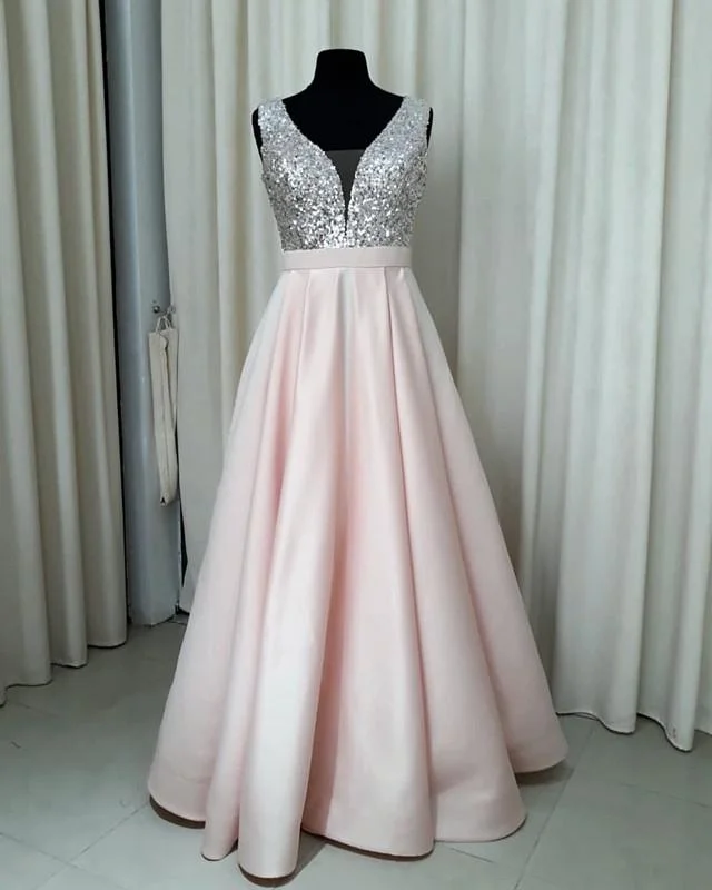 Sequins V-neck Floor Length Satin Prom Dresses Tunics Chinos classic