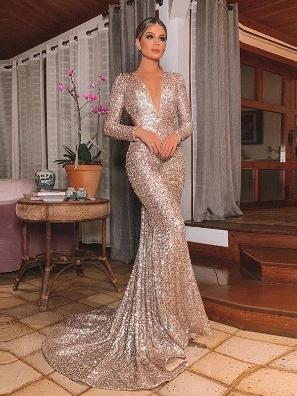 Trumpet/Mermaid Sequins Long Sleeves V-neck Sweep/Brush Train Ruffles Dresses Tunic Top Casual