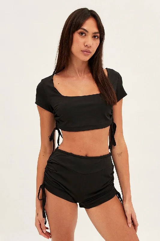 Black Crop Top Ruched Loungewear Set Mesh Fabric Canvas Fabric Denim Fabric