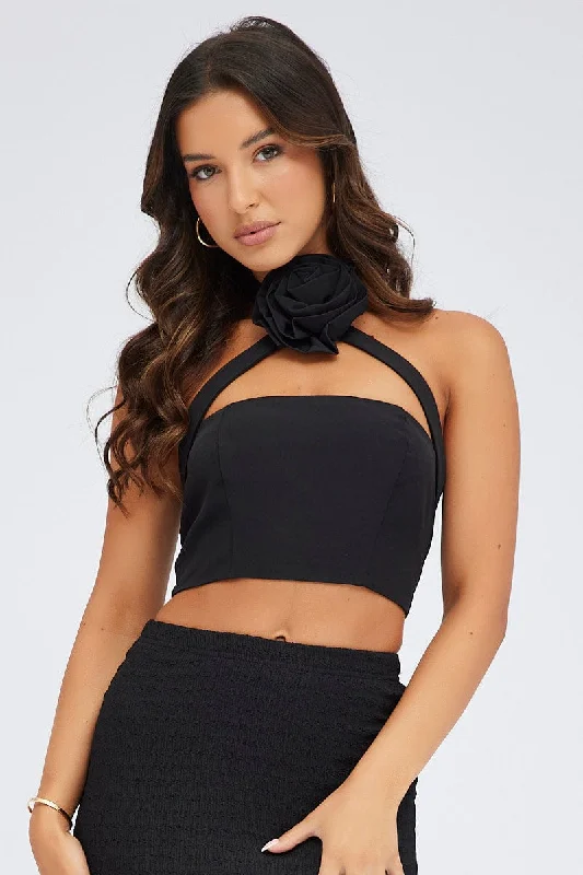 Black Crop Top Halter Neck Rose Rosette Detail Iron Safe Non-Iron Wrinkle Free
