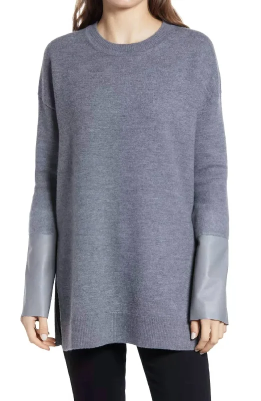 Leather Cuff Mid Length Side Slits Wool Sweater In Gray Chenille Brocade Lace