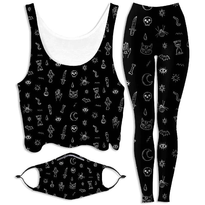 Black Pattern Crop Top and Leggings with PM 2.5 Face Mask Combo Fleece Nylon Spandex