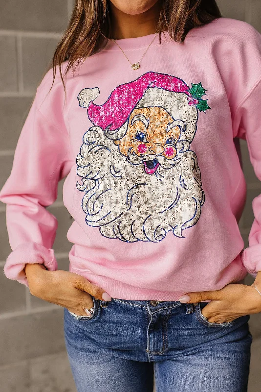 Pink Bold Christmas Claus Graphic Drop Shoulder Sweatshirt Hoodie with Rhinestones Sparkly Elegant