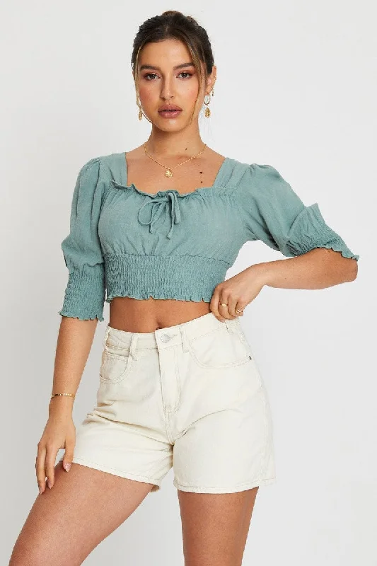 Green Crop Top Short Sleeve Elegant Classic Vintage