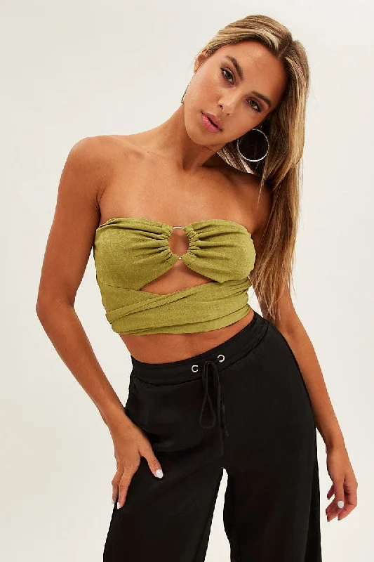 Green Ring Detail Strapless Crop Top Satin Blend Silk Blend Wool Blend