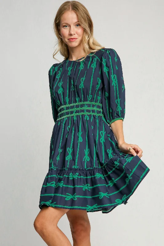 Umgee Ribbon Print Frill Contrast Velvet Trim Half Sleeve Dress Cowl Neckline Elegant