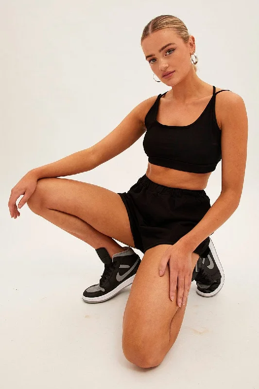 Black Crop Top Loungewear Set Mesh Blend Leather Blend Suede Blend