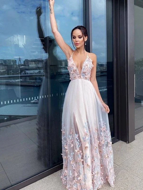 A-Line/Princess Applique Tulle V-neck Sleeveless Floor-Length Dresses Tunics Sophisticated sleek