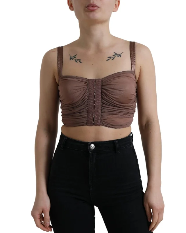 Dolce & Gabbana  Women's Brown Mesh Bustier Top     Strapless Ruched Bustier Top     Crop Top with Hook and Eye Closure Solid Print Embellished