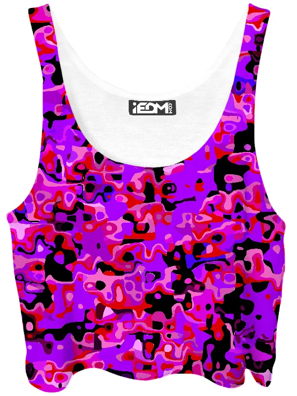 Purple Red and Black Rave Camo Melt Crop Top Polka Dot Checkered Tartan