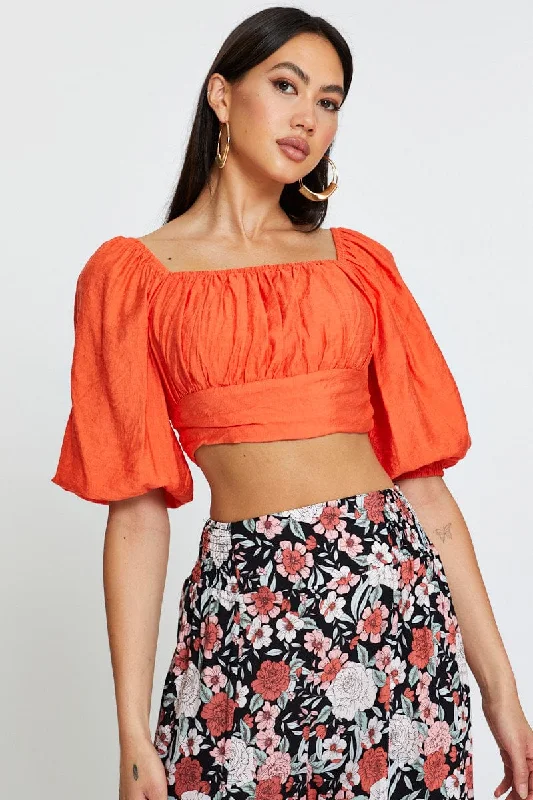 Red Crop Top Short Sleeve Tie Up Front Pockets Side Pockets Patch Pockets
