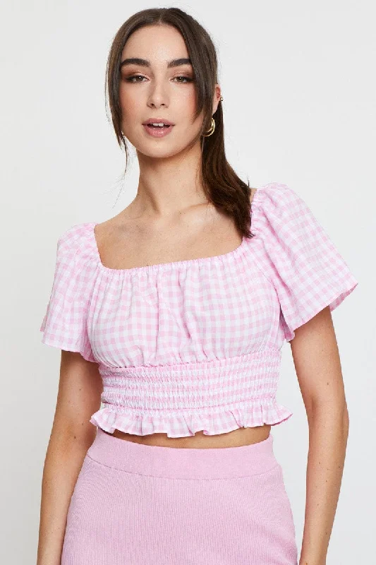 Check Crop Top Off Shoulder Boxy Fit Fitted Loose