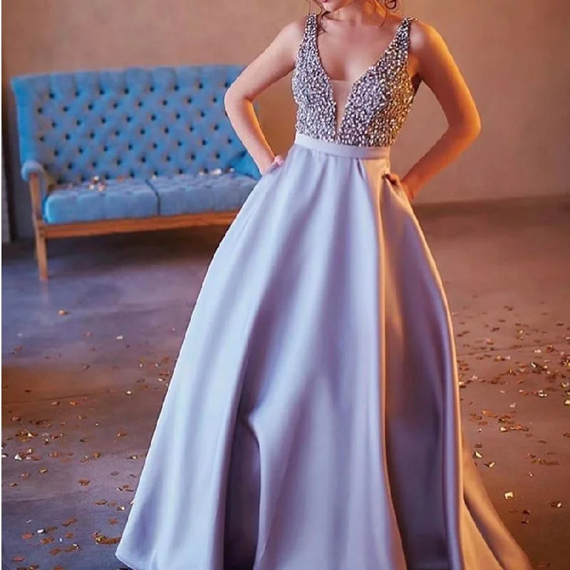 V Neck Long Satin Silver Prom Dresses Pearl Beaded 2017 Sexy Tunic Top Casual