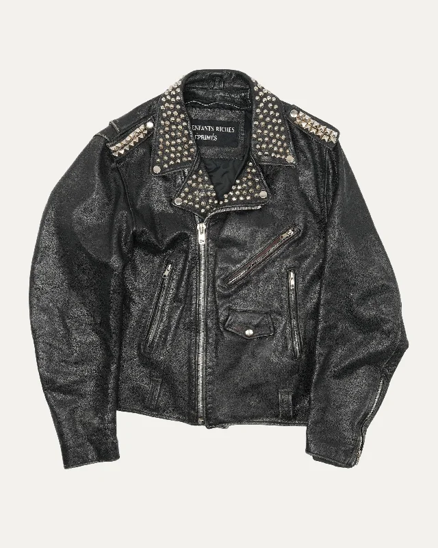 Leather Hand Painted Studded Double Rider Jacket Cardigan Sweater Pullover