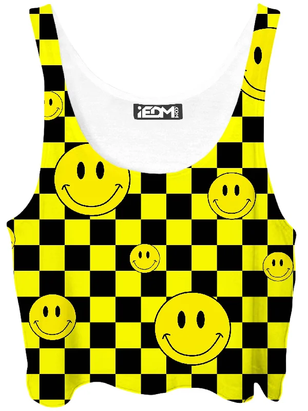 Smile Checkerboard Crop Top Mesh Canvas Denim