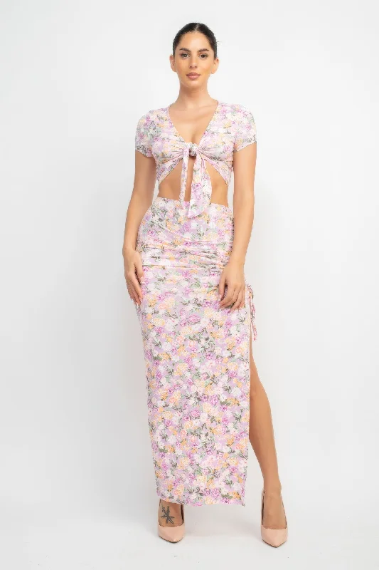 Front Knot Floral Top & Ruched Maxi Skirts Set silk skirt luxurious