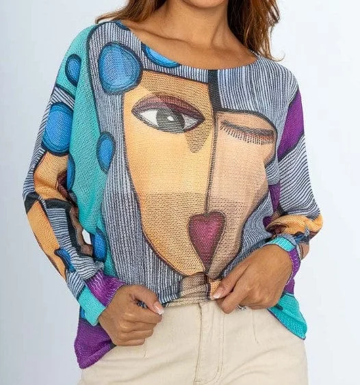 Loowie Blue Picasso Print Spring Long Sleeve Sweater Wool Sweater Cotton Sweater Cashmere Sweater