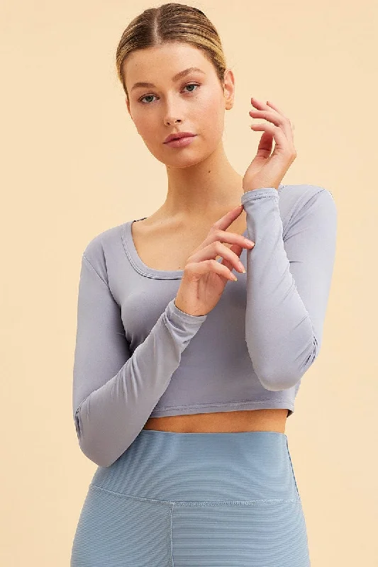 Blue Crop Top Smooth Long Sleeve Scoop Neck Jersey Fabric Tulle Fabric Batik Fabric