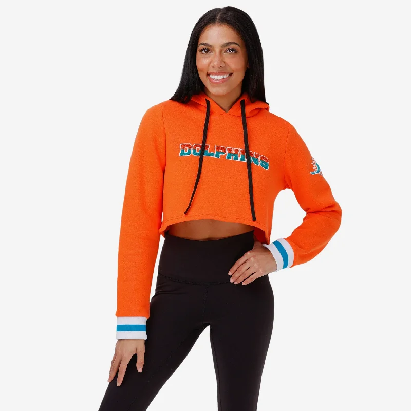Miami Dolphins Womens Cropped Chenille Hoodie Hoodie with Distressed Vintage Worn