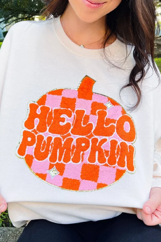 White Terry Halloween Pumpkin Patched Pattern Pullover Sweatshirt Hoodie with Neon Bright Vibrant White Terry Halloween Pumpkin Patched Pattern Pullover Sweatshirt Hoodie with Neon Bright Vibrant
