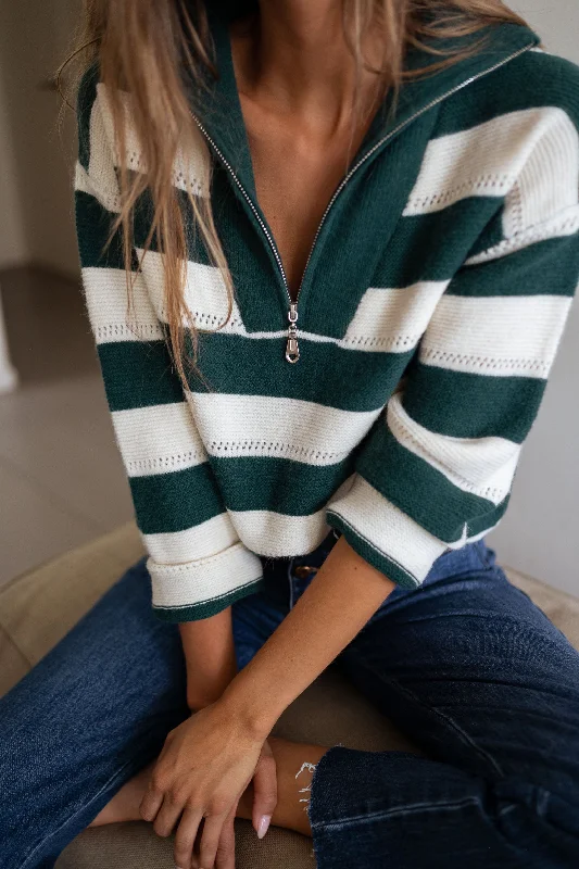 Green and Ecru Striped Laura Sweater Stretchy Elastic Breathable