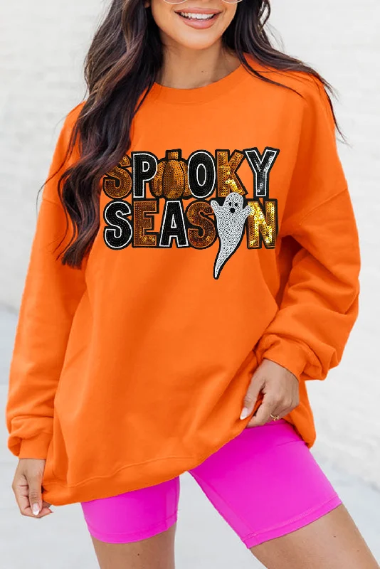 Russet Orange Sequin SPOOKY SEASON Ghost Pattern Halloween Pullover Sweatshirt Hoodie with Strings Custom Fit Adjustable