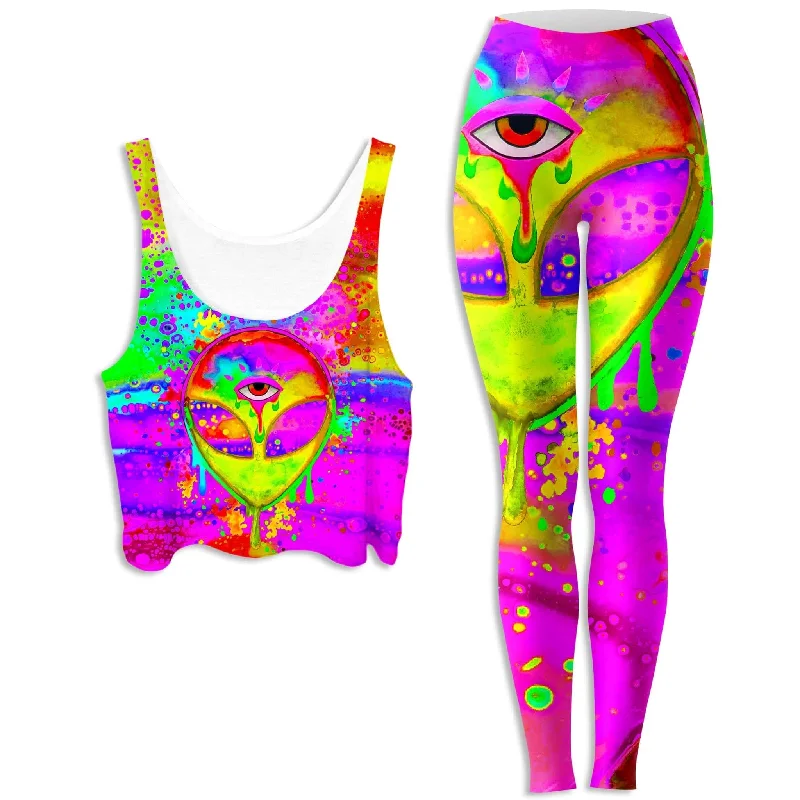 Alien Melt Yellow Crop Top and Leggings Combo Chenille Brocade Lace