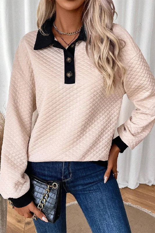 Oatmeal Textured Colorblock Edge Buttoned Collar Sweatshirt Hoodie with Hidden Zipper Minimalist Clean
