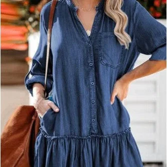 V-neck Panel Loose Breasted Denim Skirt lace skirt feminine