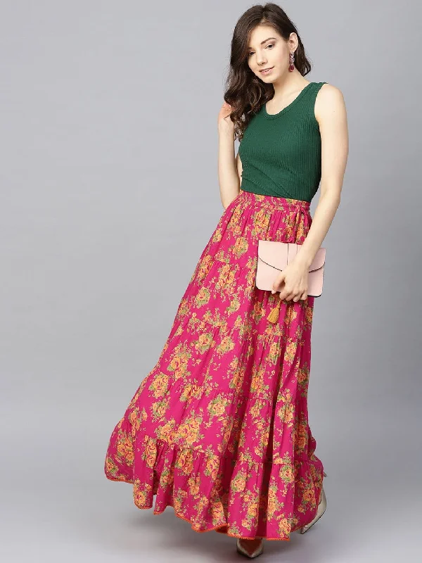 Fushcia Floral Printed Tiered Skirt floral skirt print