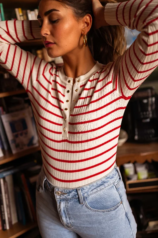 Ecru and Red Striped Volver Sweater Iron Safe Non-Iron Wrinkle Free