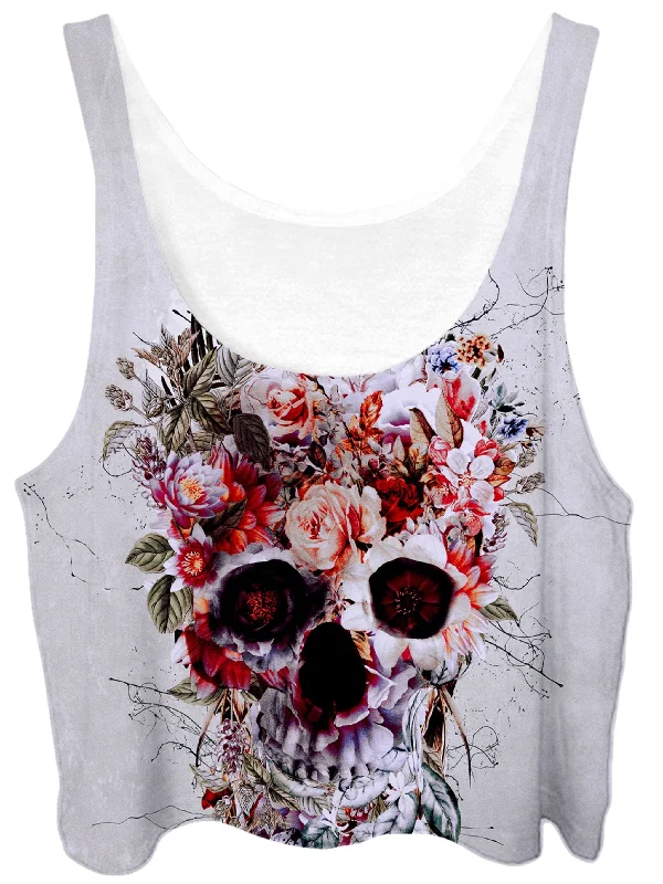 Floral Skull Crop Top Notch Collar Peter Pan Collar Cowl Neck