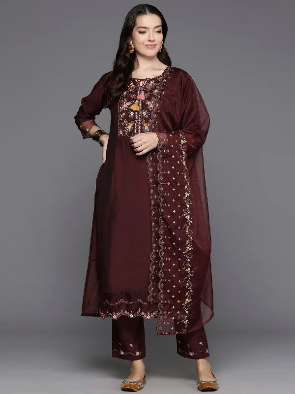 Women's Maroon Embroidered A-Line Kurta Trousers With Dupatta Set - Indo Era Trousers Culottes Wide Leg Women's Maroon Embroidered A-Line Kurta Trousers With Dupatta Set - Indo Era Trousers Culottes Wide Leg