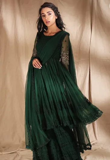 Astha Narang Emerald Green Threadwork With Jacket Hooded Jacket Caped Jacket Shawl Collar Jacket