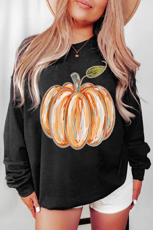 Black Thanksgiving Pumpkin Graphic Drop Shoulder Sweatshirt Hoodie with Print Artistic Unique