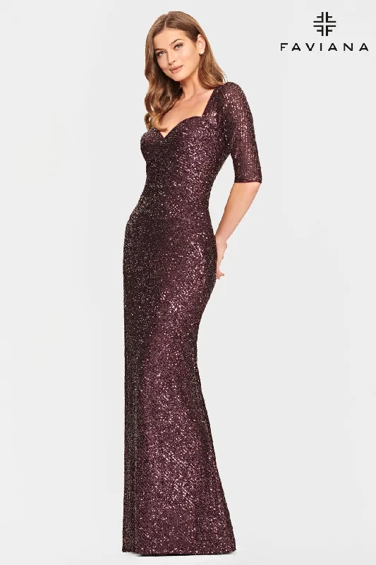 Sequin Sweetheart Long Dress With Mid Length Sleeves Maxi Flowy Bohemian