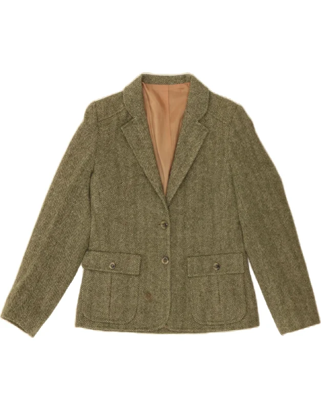 DORENE Womens 2 Button Blazer Jacket UK 12 Medium  Green Herringbone Wool Fleece Jacket Down Jacket Parka