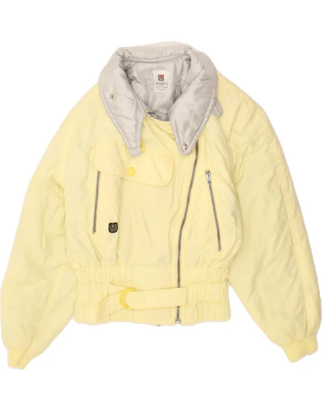 UNGARO Womens Bomber Windbreaker Jacket UK 8 Small Yellow Colourblock Faux Fur Fabric Real Fur Fabric Shearling Fabric