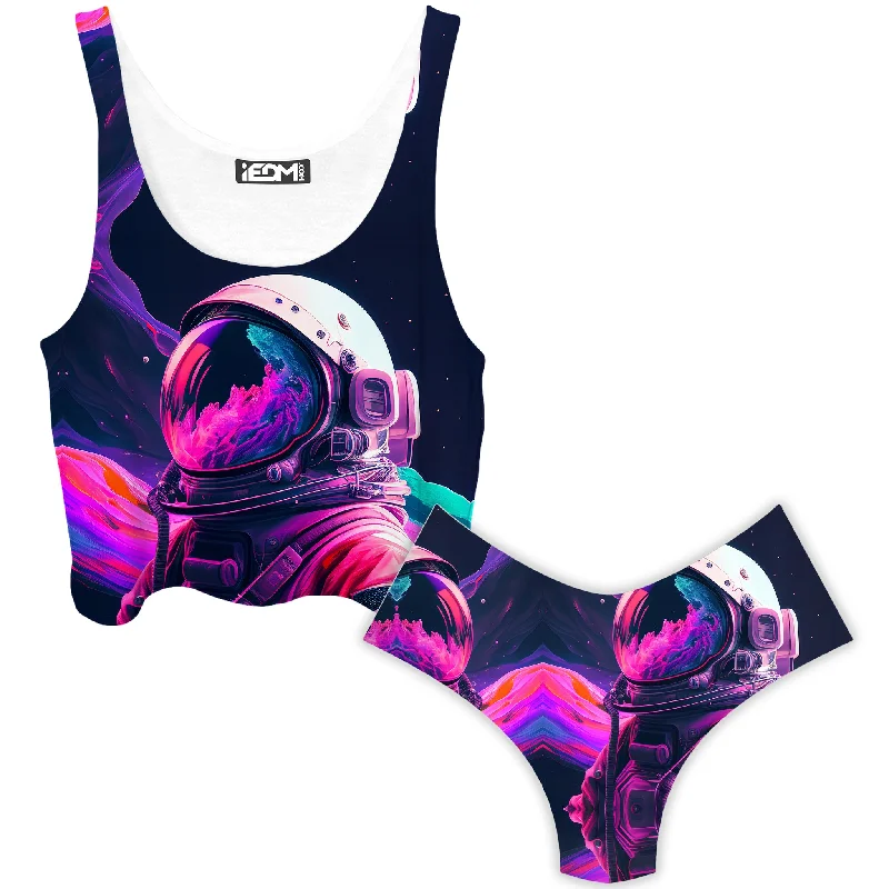 Synthwave Astronaut Crop Top and Booty Shorts Combo Polka Dot Checkered Tartan