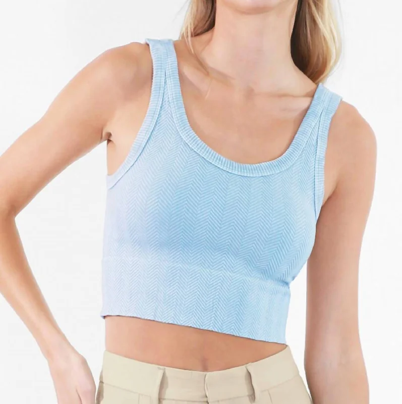 Herringbone Crop Top In Vintage Cool Blue Zippered Front Buttoned Front Snap Front