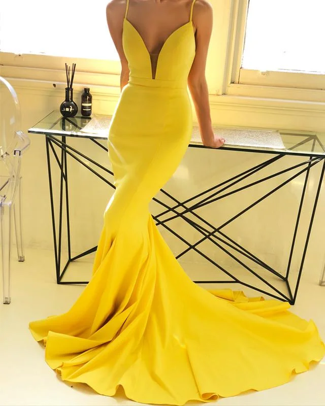 Sexy Plunge Neck Long Satin Open Back Mermaid Prom Dresses Tunics Fashionable chic