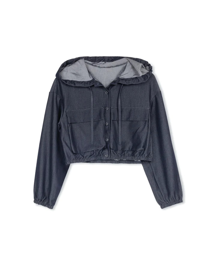 Chambray Cropped Jacket Hooded Jacket Caped Jacket Shawl Collar Jacket