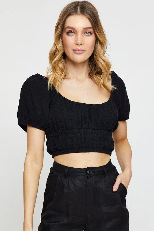 Black Crop Top Short Sleeve Gathered Bust Thin Crop Top Open Front Quick Dry